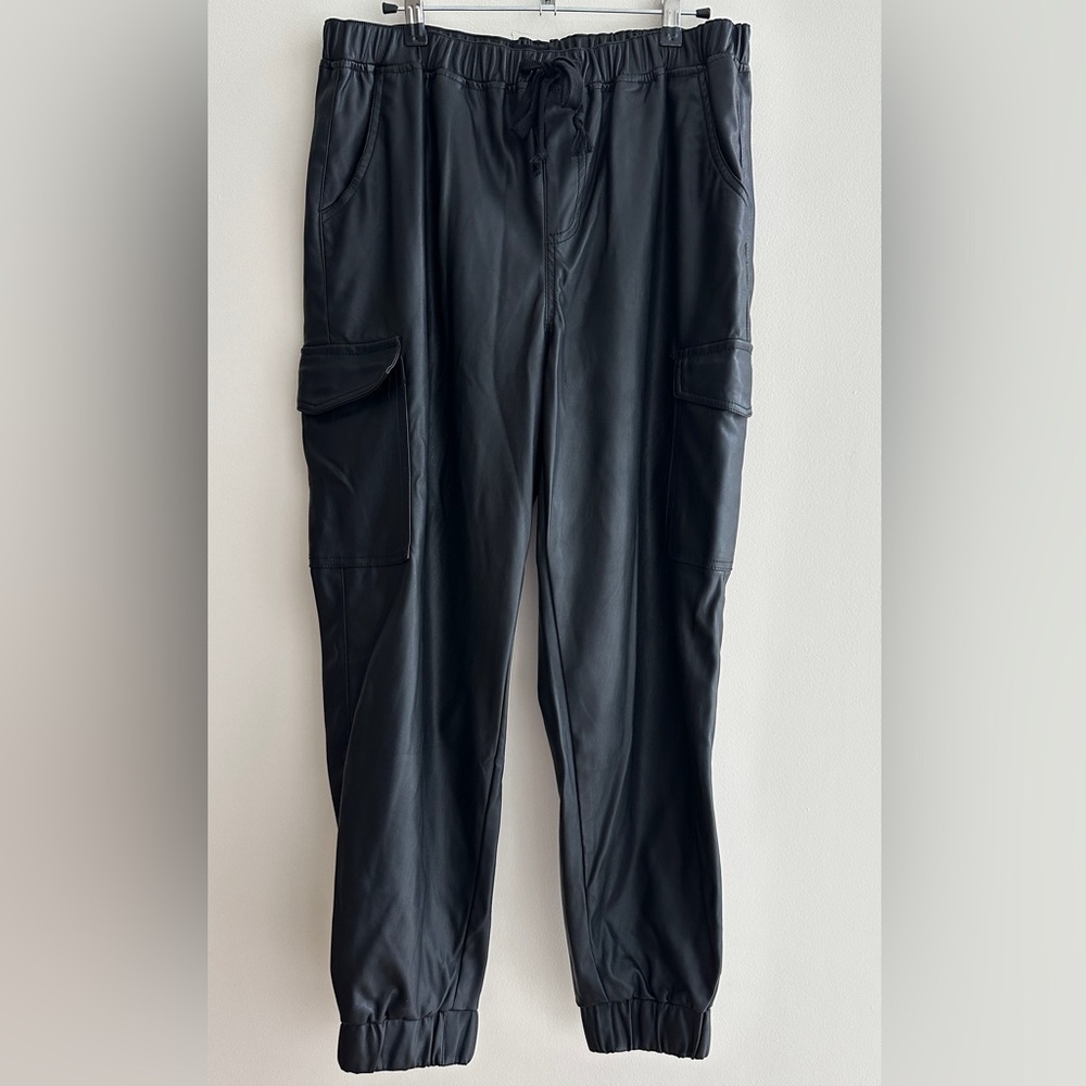 Almost Famous Black Faux Leather Cargo Joggers, Size XL